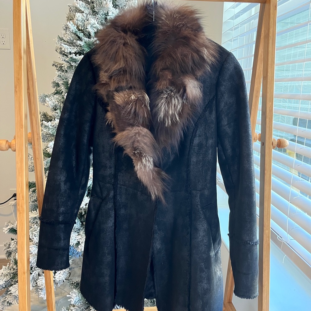 Korean brand/Real Fox Fur Trim Shearling Style Jacket Women